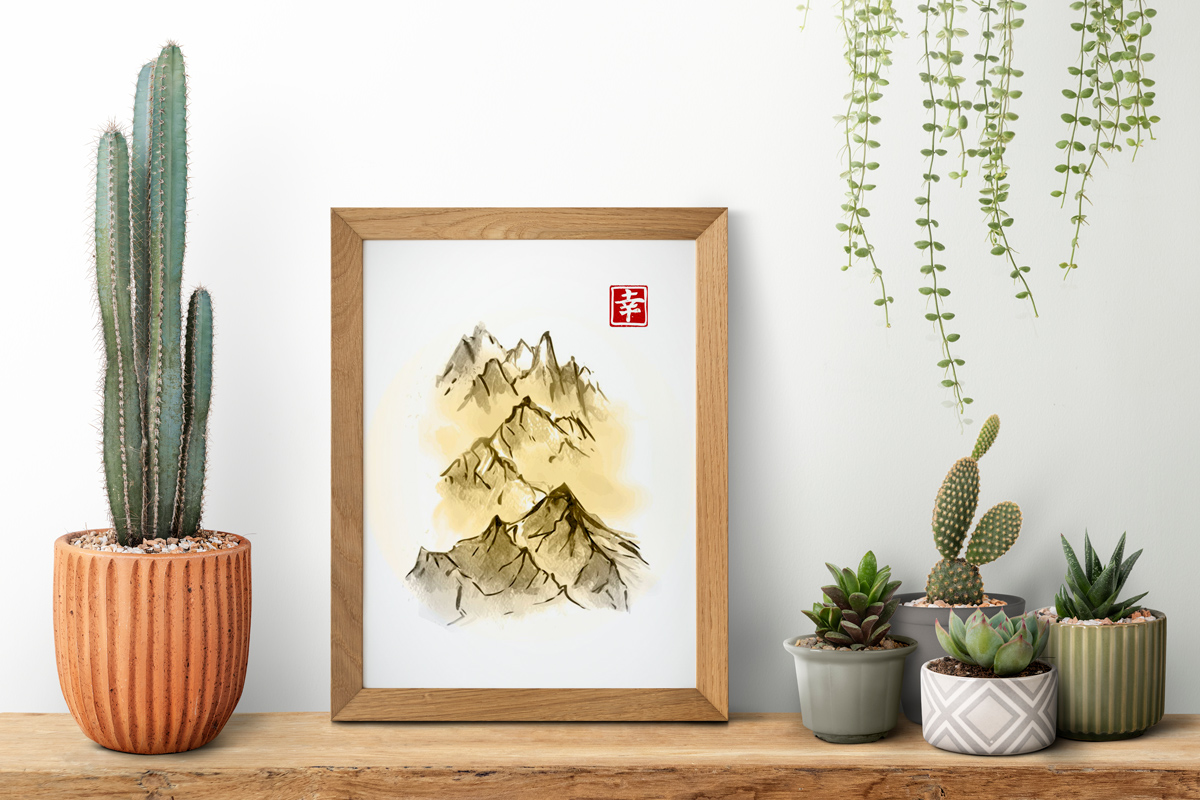 Plakat - Japońskie ryciny - szczyty górskie sepia - fototapeta.shop