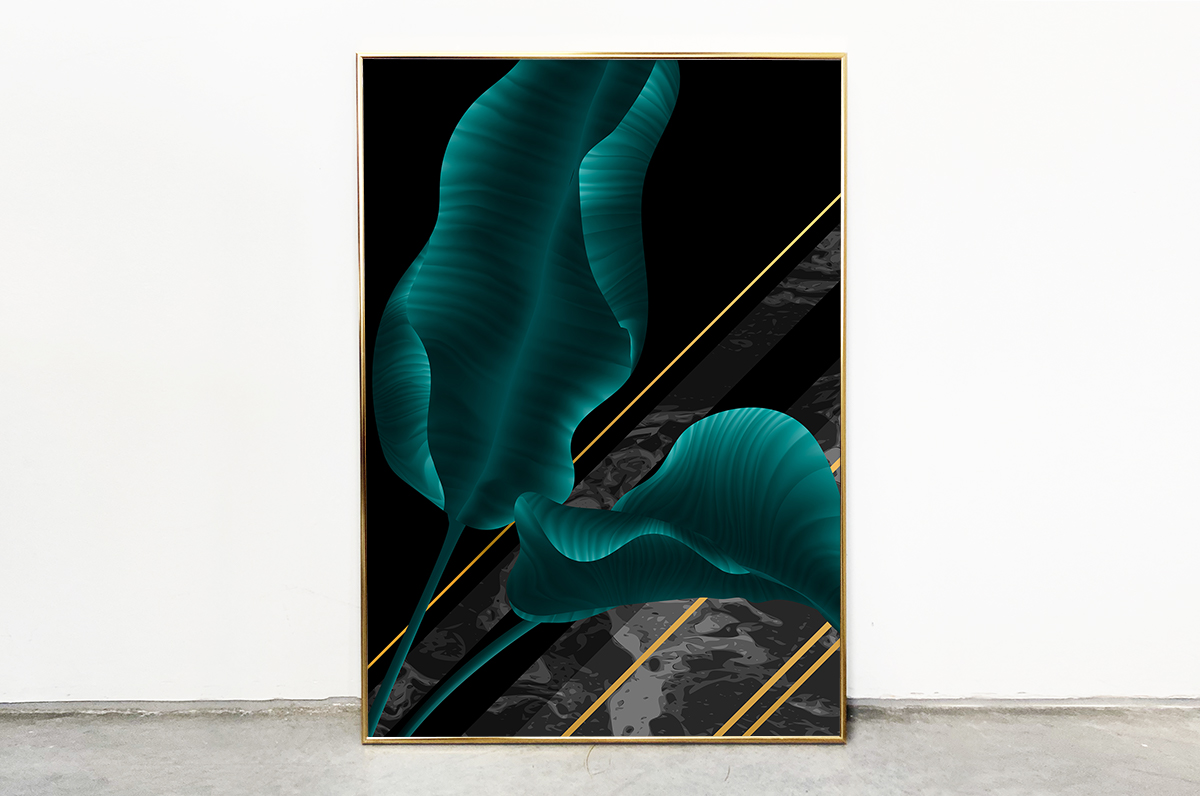 Plakat - Szmaragdowy liść w czerni - fototapeta.shop