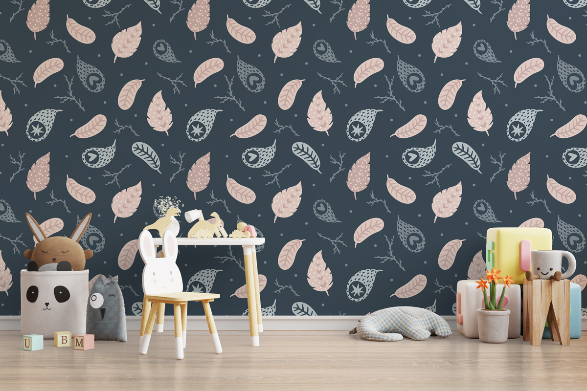 Tapeta - Piórka i gałązki na granatowym tle - fototapeta.shop