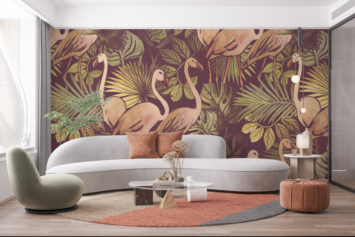 Tapeta - Flamingi w retro dżungli - fototapeta.shop