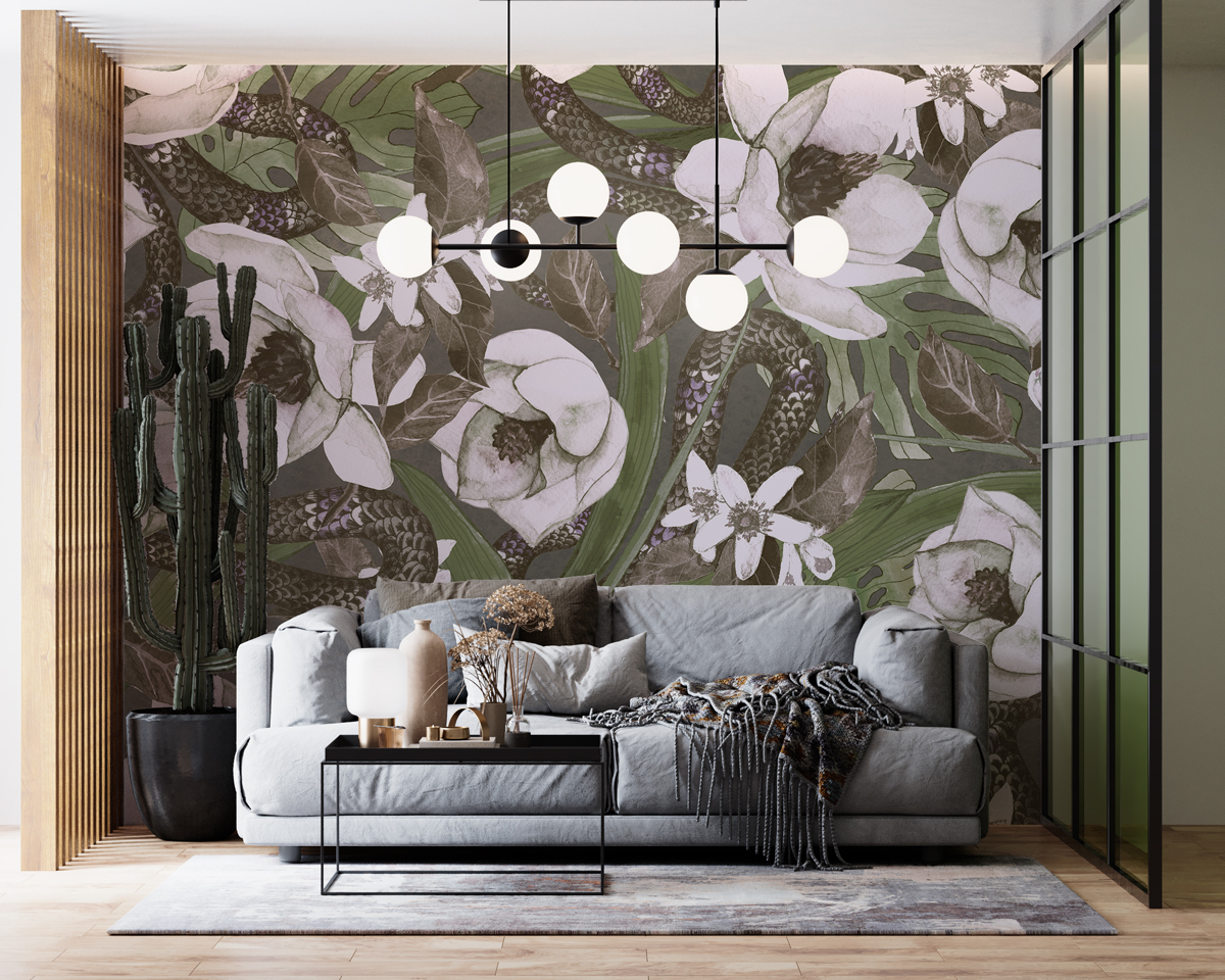 Tapeta - Kwiaty magnolii na brudno-zielonym tle - fototapeta.shop