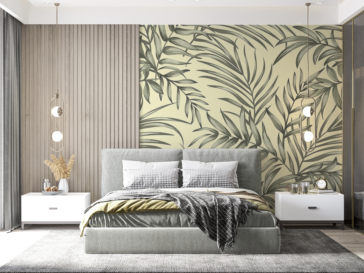 Tapeta - Liście palmy na żółtym tle - fototapeta.shop