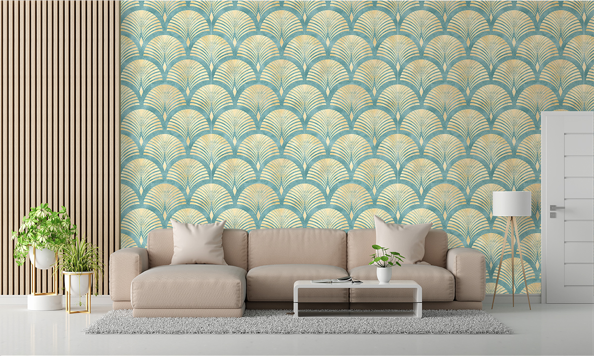 Tapeta - Geometryczny, beżowy pióropusz na niebieskim tle - fototapeta.shop