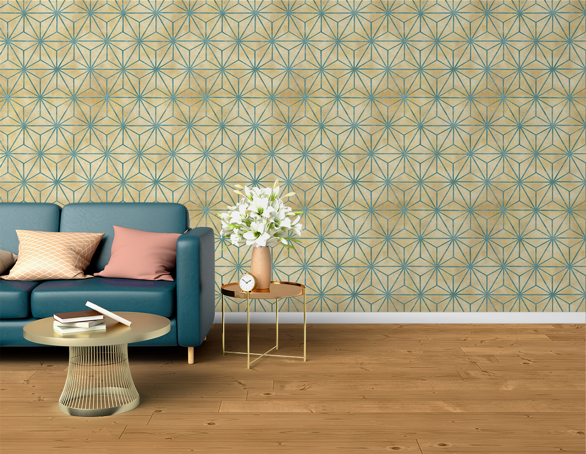 Tapeta - Geometryczne niebieskie gwiazdy na przecieranym beżowym tle - fototapeta.shop