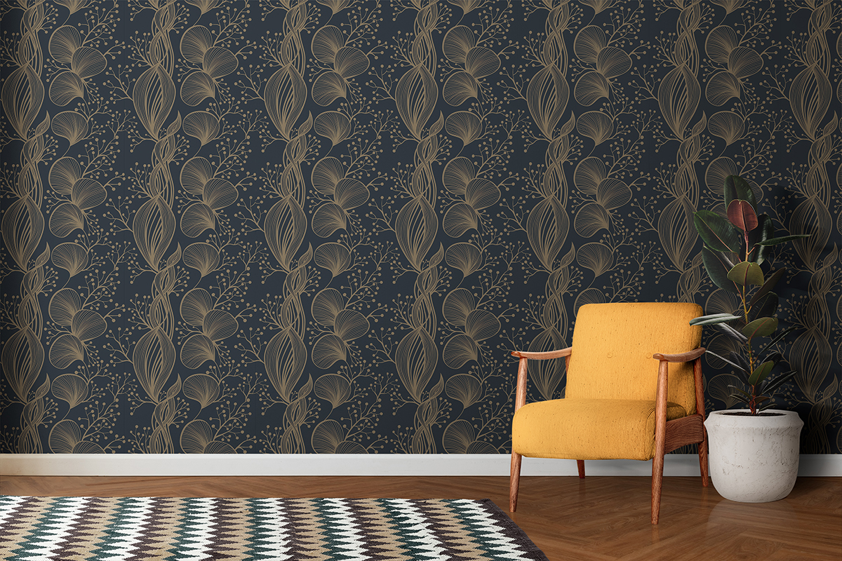Tapeta - Beżowe florale na granatowym tle - fototapeta.shop