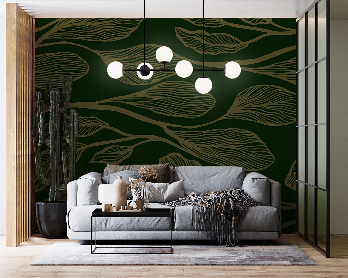 Tapeta - Duże, poziome beżowe liście na ciemnozielonym tle - fototapeta.shop