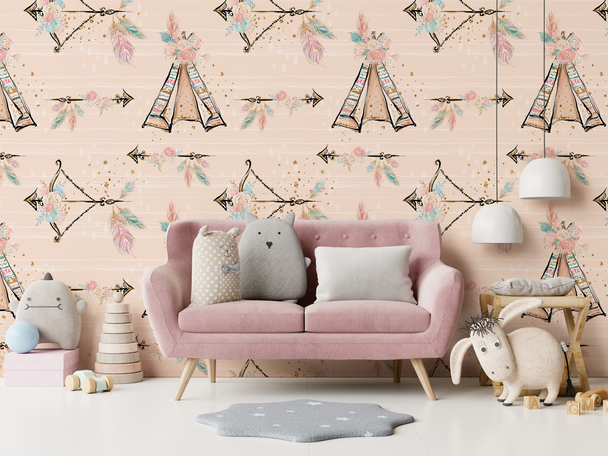 Tapeta - Tipi i strzały na różowym tle - fototapeta.shop