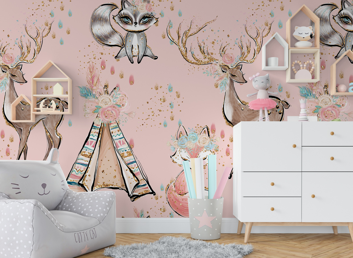 Tapeta - Zwierzątka, strzały i tipi w różu - fototapeta.shop