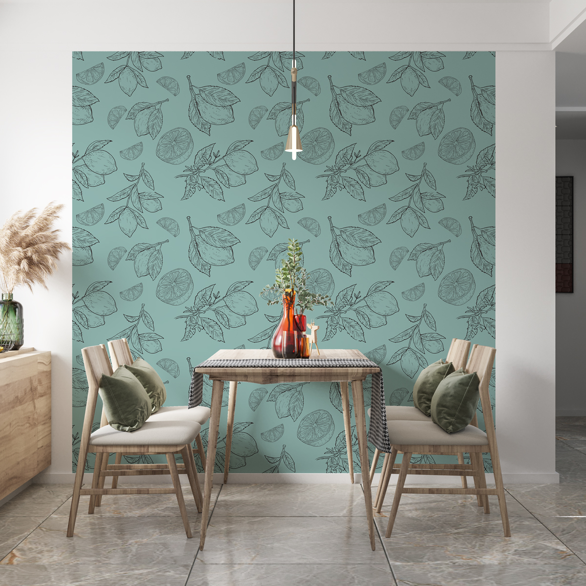 Tapeta - Szkicowane cytryny na zielonym tle - fototapeta.shop