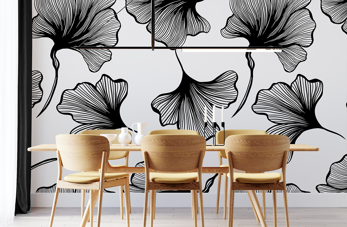 Tapeta - Duże, czarno-białe liście miłorzębu - fototapeta.shop