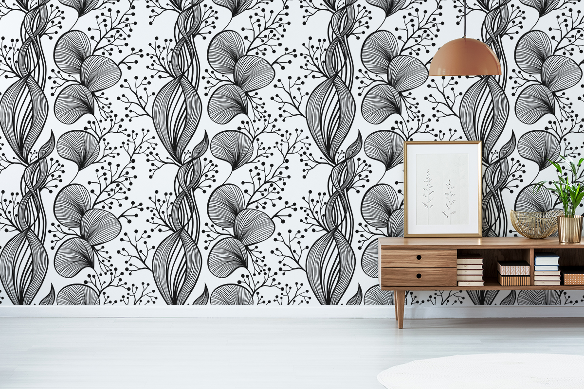 Tapeta - Czarne florale na białym tle - fototapeta.shop
