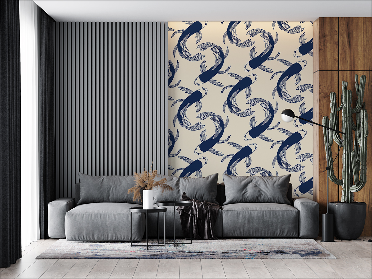 Tapeta - Ciemne, niebieskie ryby na beżowym tle - fototapeta.shop
