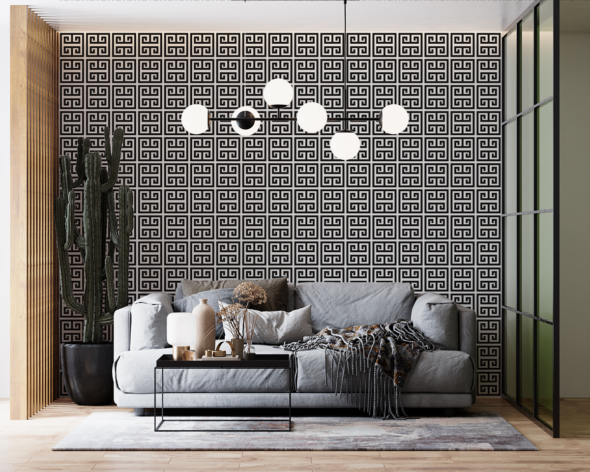 Tapeta - Czarne, greckie geometryczne ślimaki na jasnym tle - fototapeta.shop