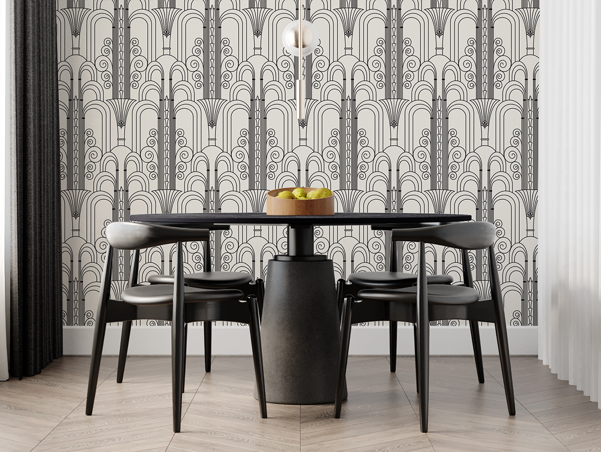 Tapeta - Ozdobne czarne fontanny na jasnym tle - fototapeta.shop