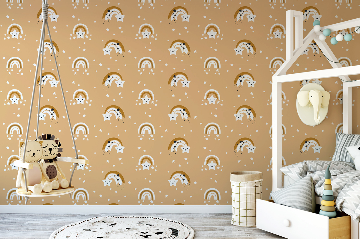 Tapeta - Pastelowe tęcze na pomarańczowym tle - fototapeta.shop