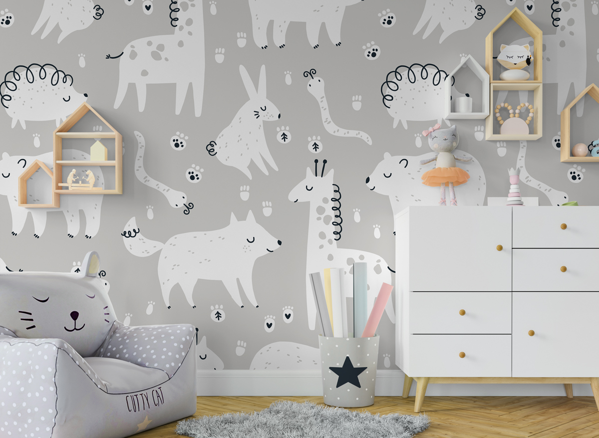 Tapeta - Zwierzęta i tropy na szarym tle - fototapeta.shop
