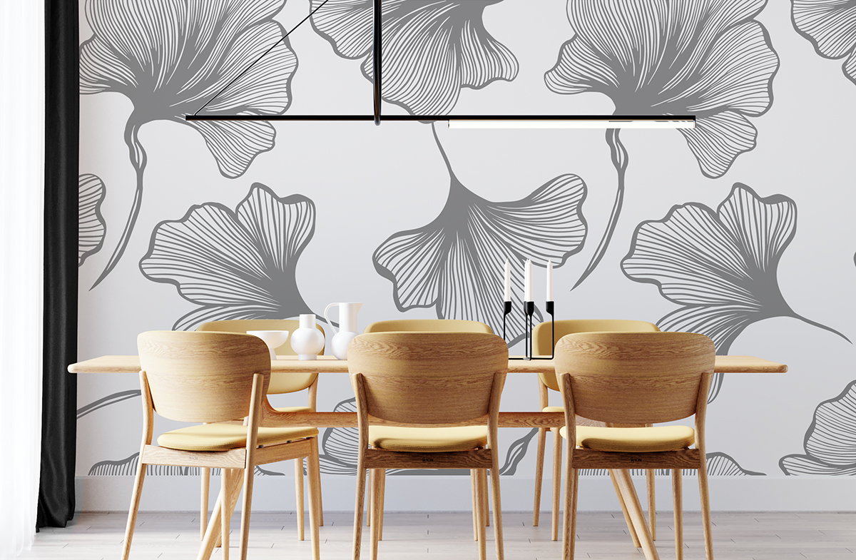 Tapeta - Szare, duże liście miłorzębu na białym tle - fototapeta.shop