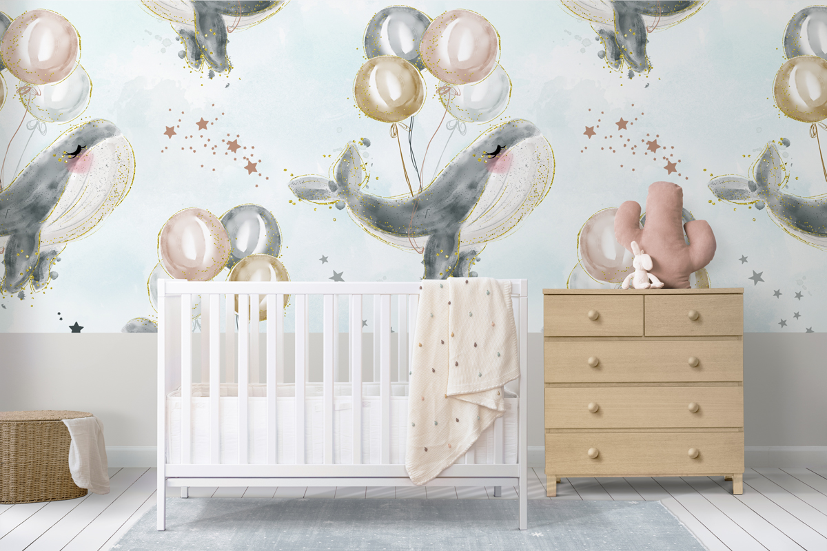 Tapeta - Szare wieloryby z balonami na niebieskim tle - fototapeta.shop