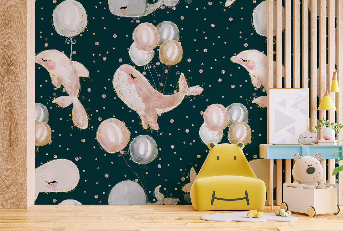 Tapeta - Wieloryby z balonikami na ciemnym tle - fototapeta.shop