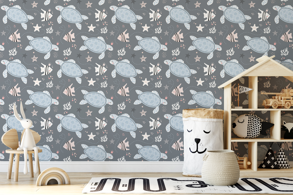 Tapeta - Niebieskie żółwie na szarym tle - fototapeta.shop
