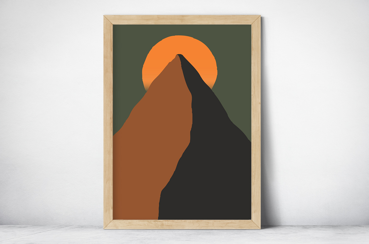 Plakat - Grafika słońce nad szczytem - fototapeta.shop