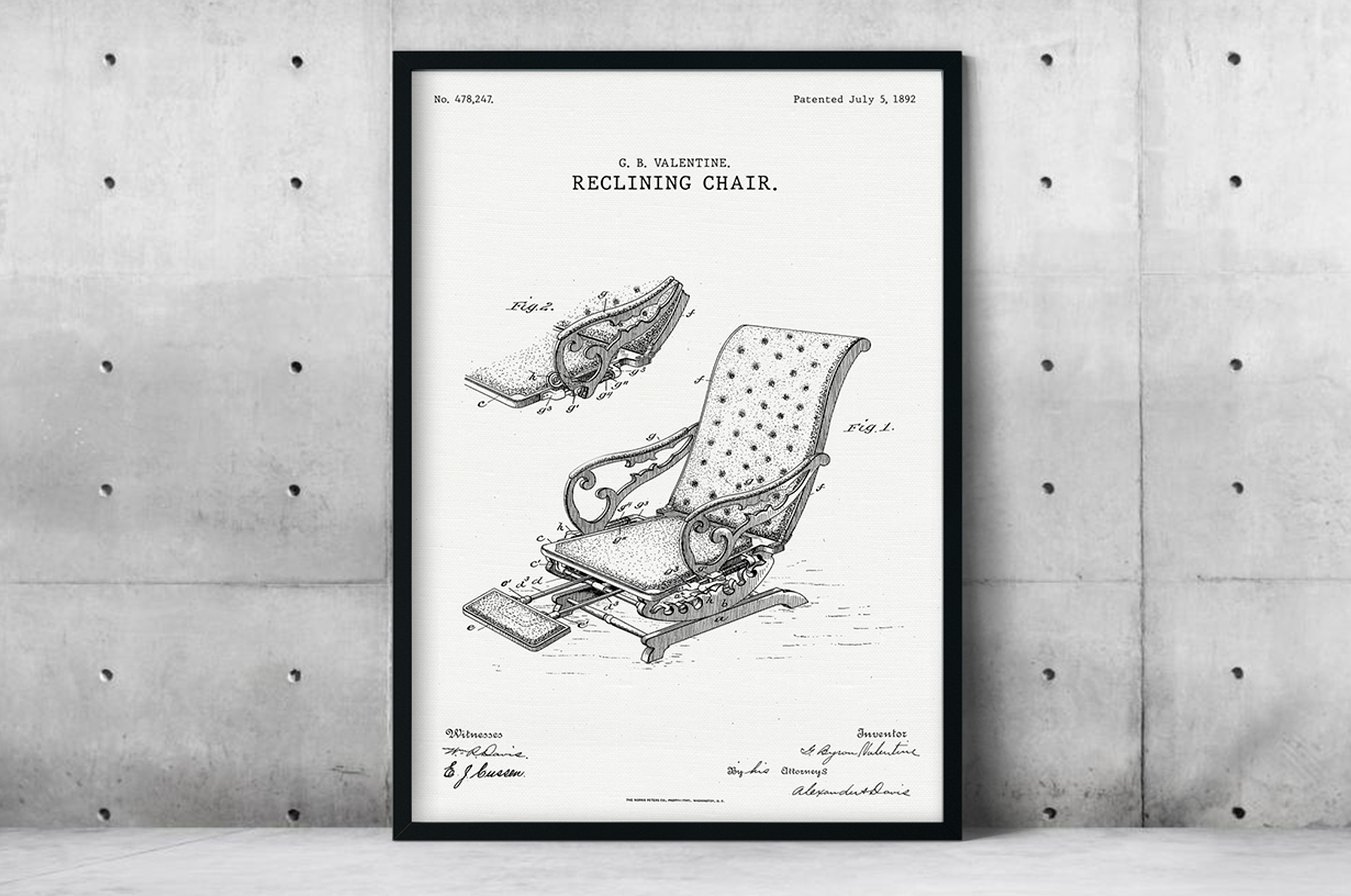 Plakat - Krzesło fryzjerskie patent Valentine - fototapeta.shop