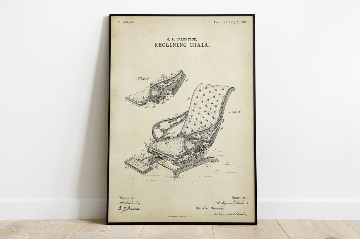 Plakat - Krzesło fryzjerskie retro patent Valentine - fototapeta.shop